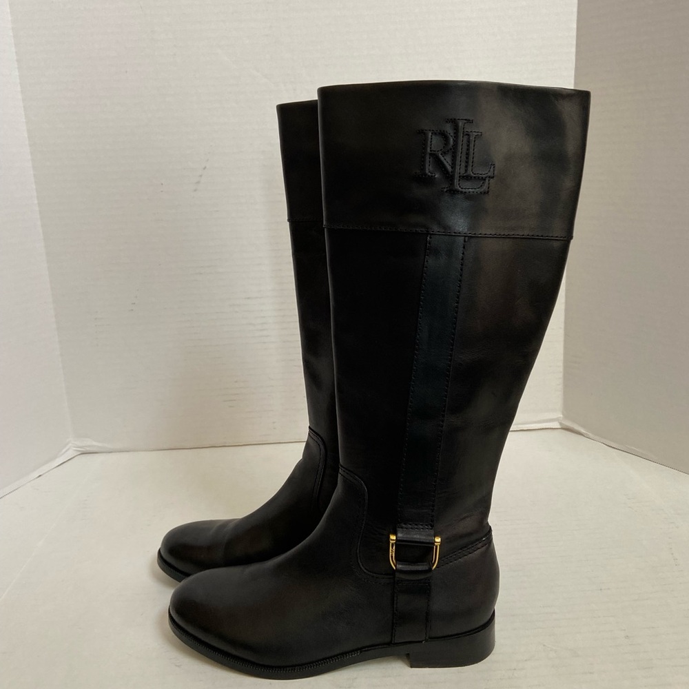 Ralph Lauren Riding Boots Black Leather Knee High Tall Womens 6B Logo Embossed